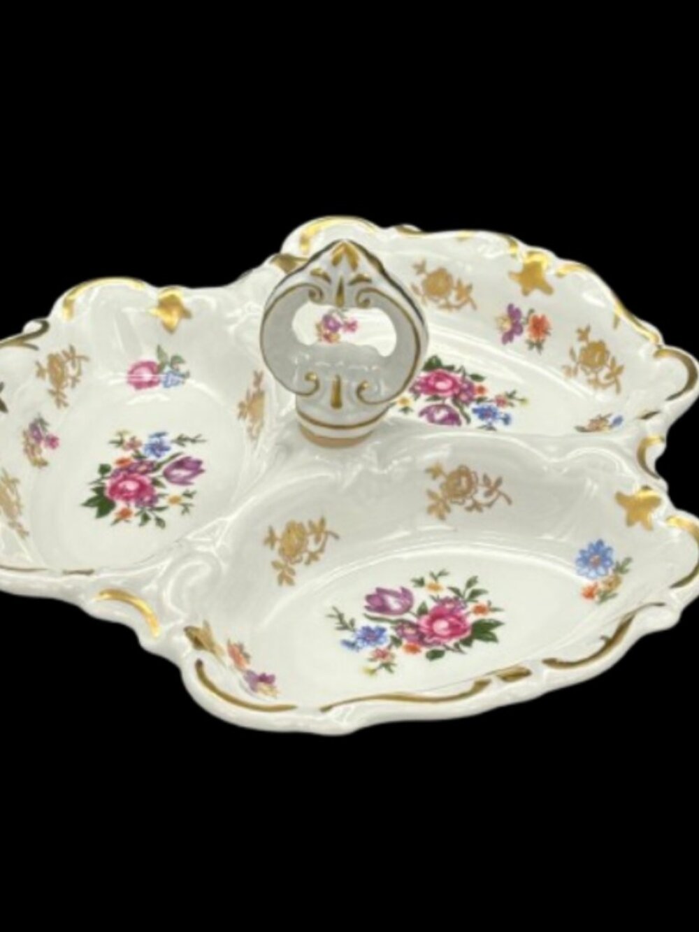 Vintage Reichenbach German 3 section Divided Floral Serving Dish Gold Trim